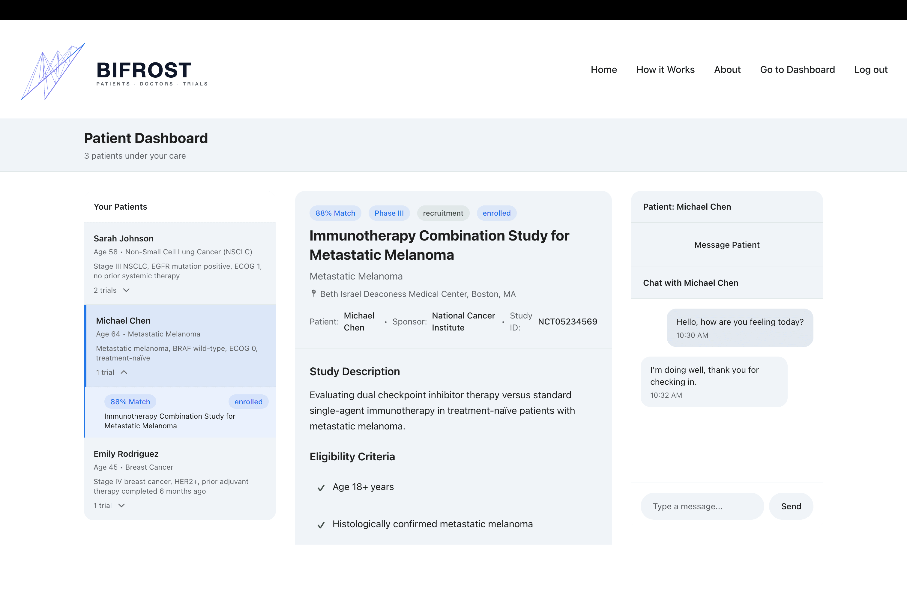 BiFrost dashboard view summarizing clinical trial match data.