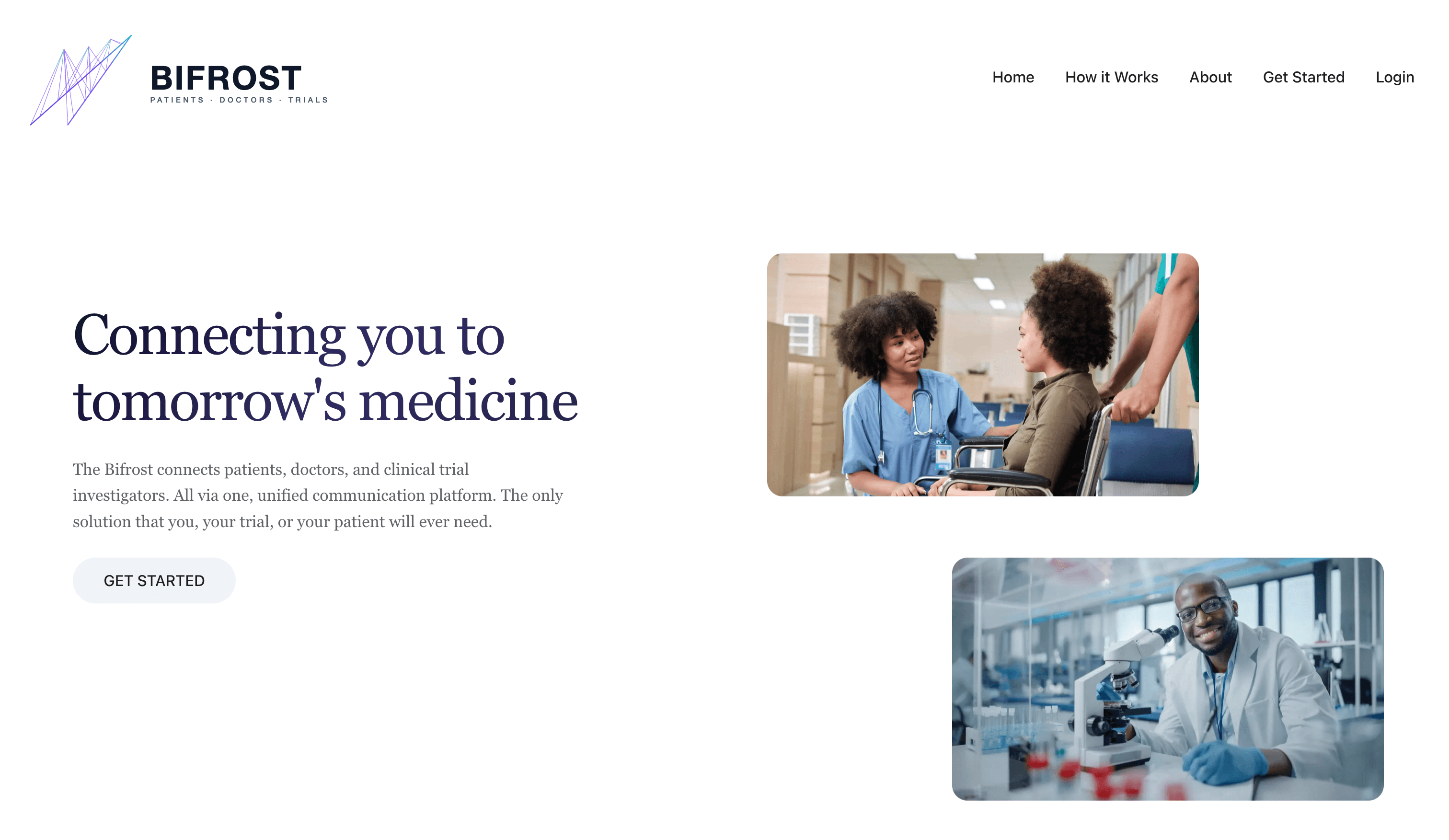 BiFrost landing page showing the patient and trial onboarding flow.