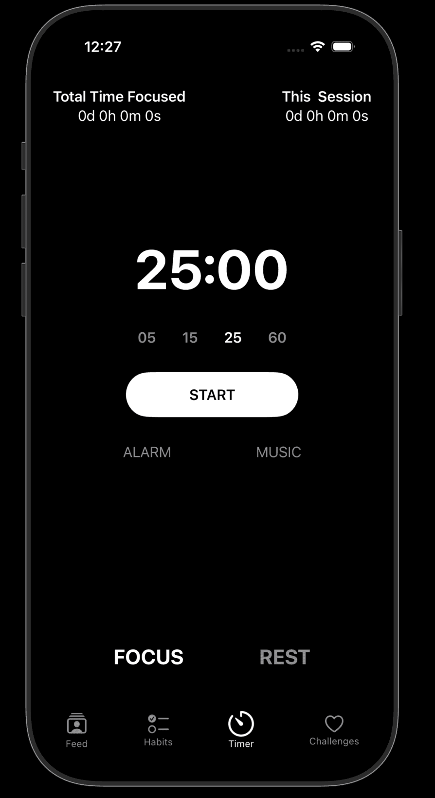 Momentum focus timer screen showing a 25-minute session.