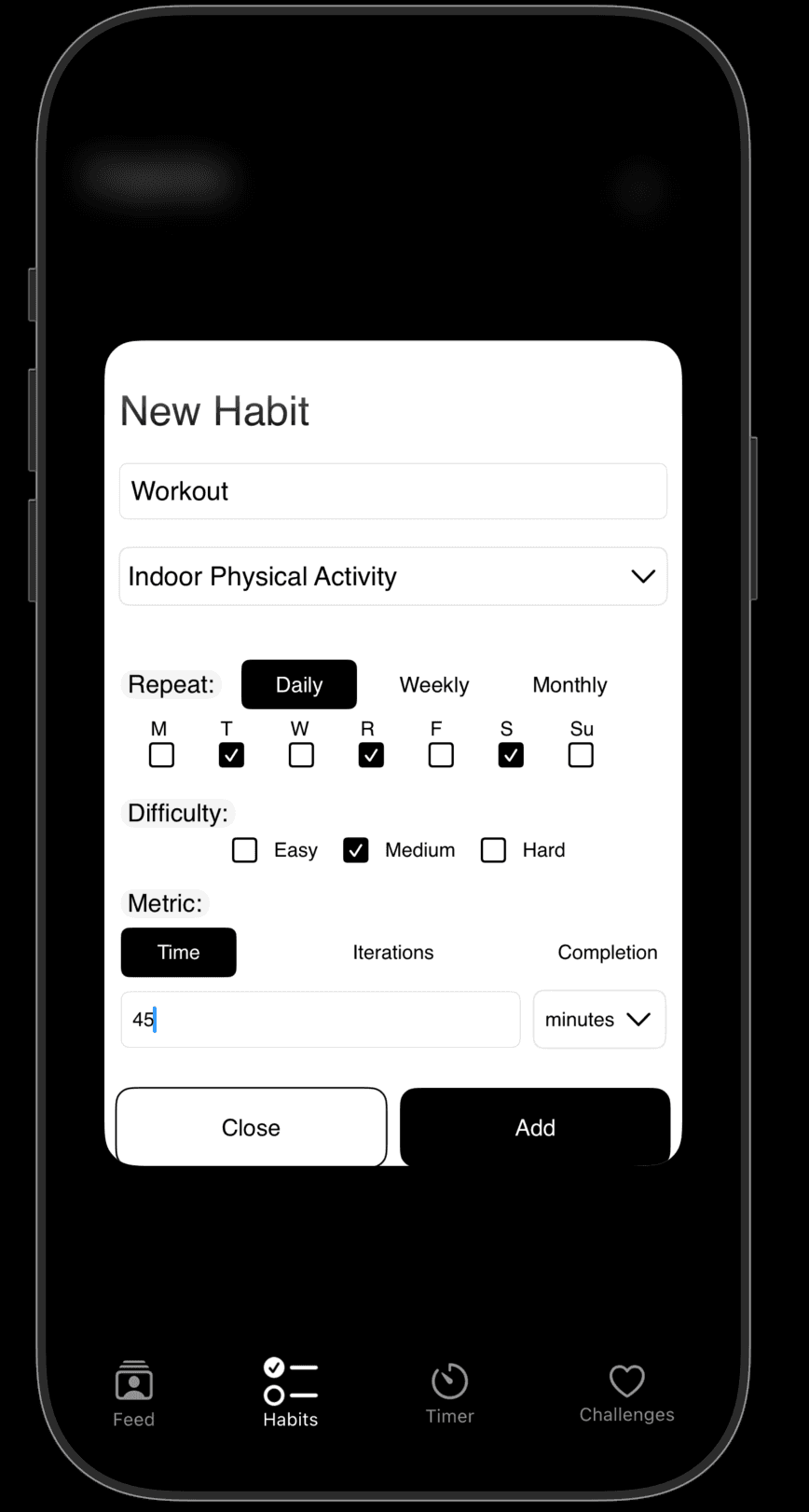 Momentum form for creating a new habit with schedule and difficulty settings.