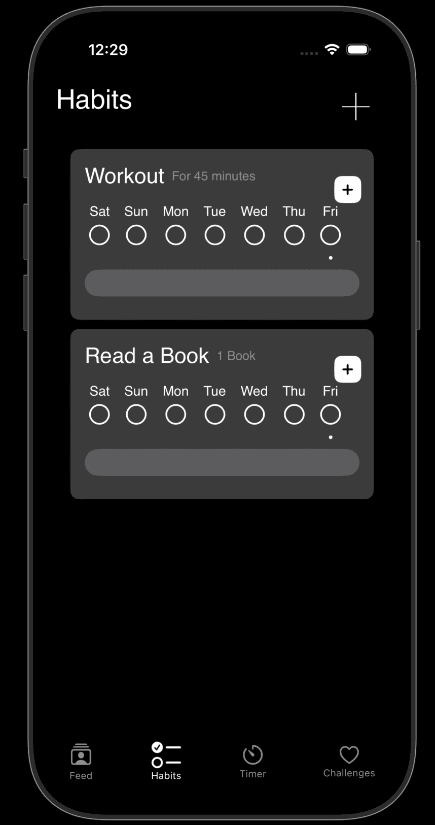 Momentum habits screen showing a workout and reading habit.